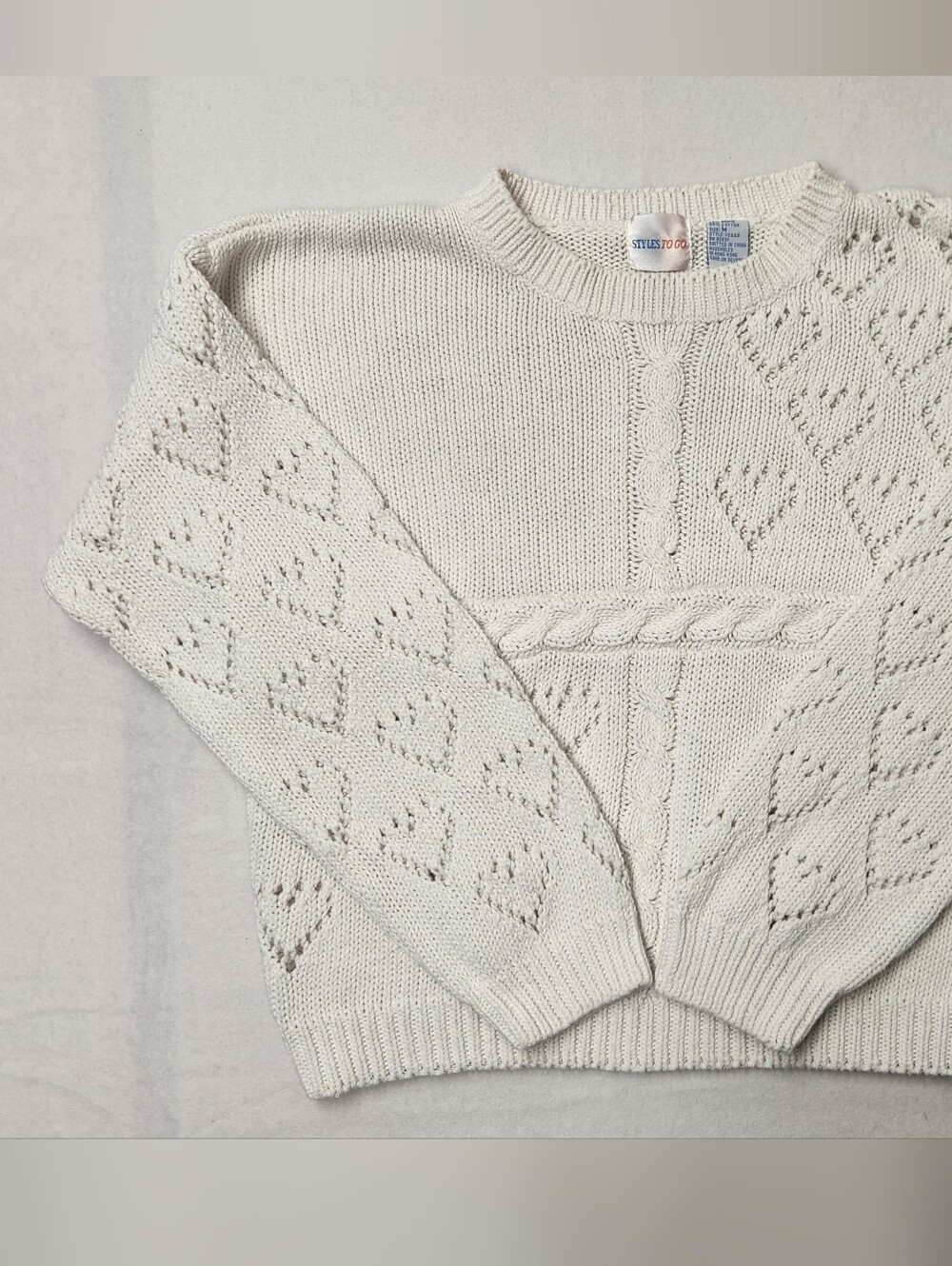 Vintage 90s White Cable Knit Cotton Sweater Heart Pointelle Sleeves M Coquette